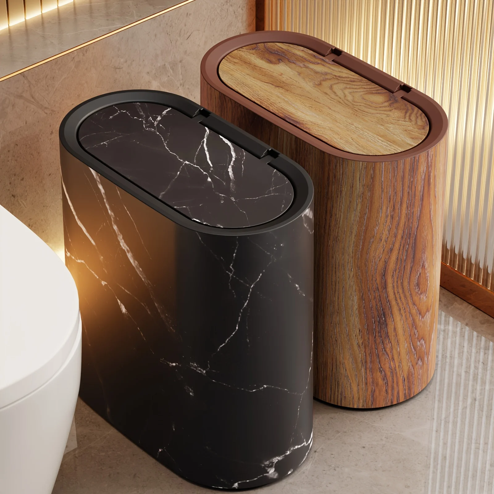 Marble Pattern Trash Can | Modern Bathroom & Kitchen Bin with Lid