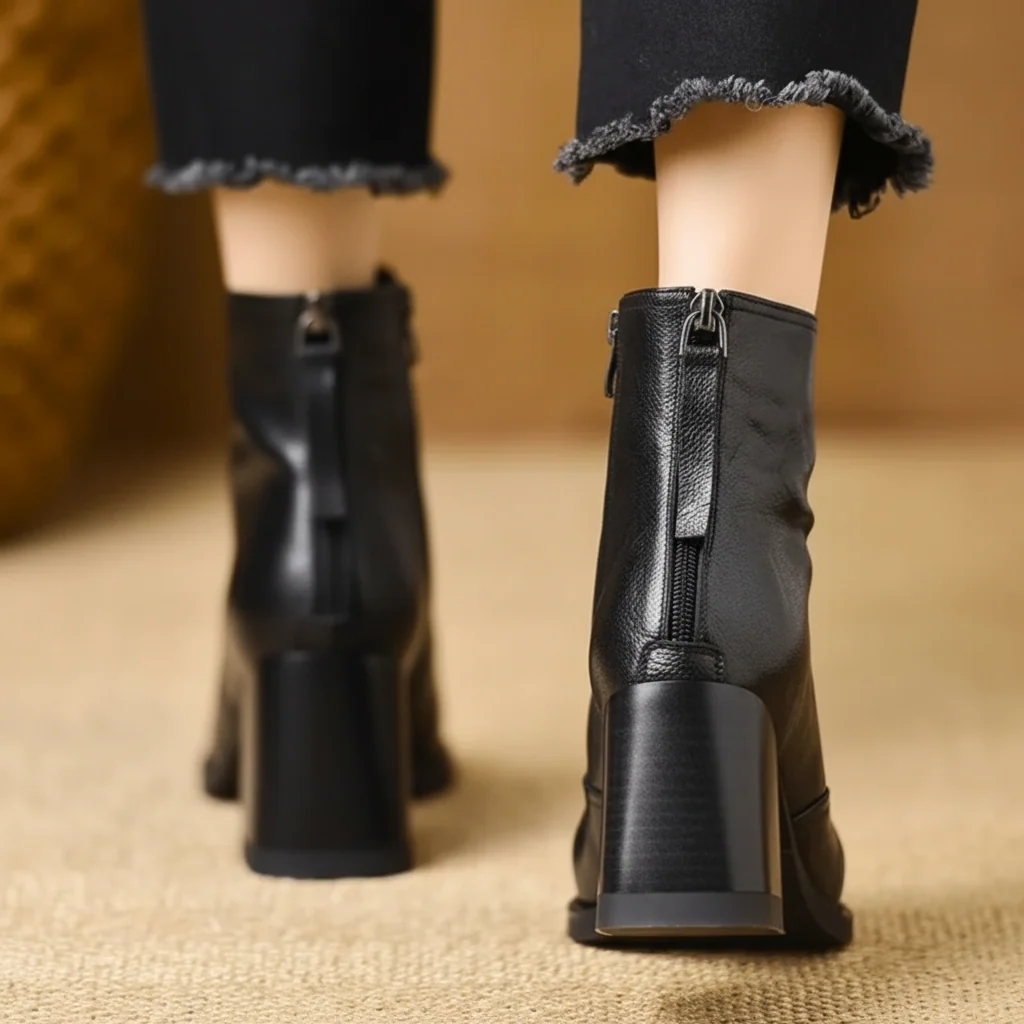 Ankle Boots Women Mid Heel Zipper Casual Dress Shoes