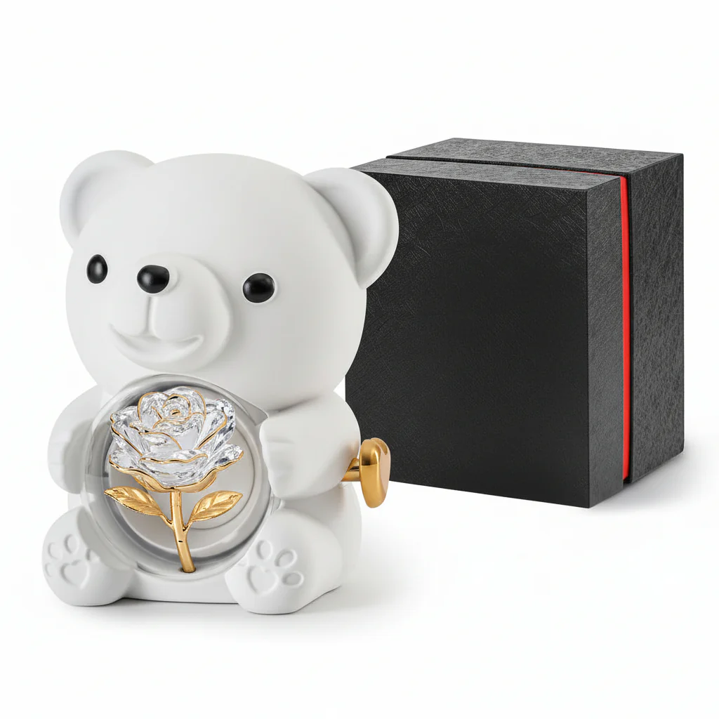 Gift Box Teddy Bear Preserved Rose Jewelry Display