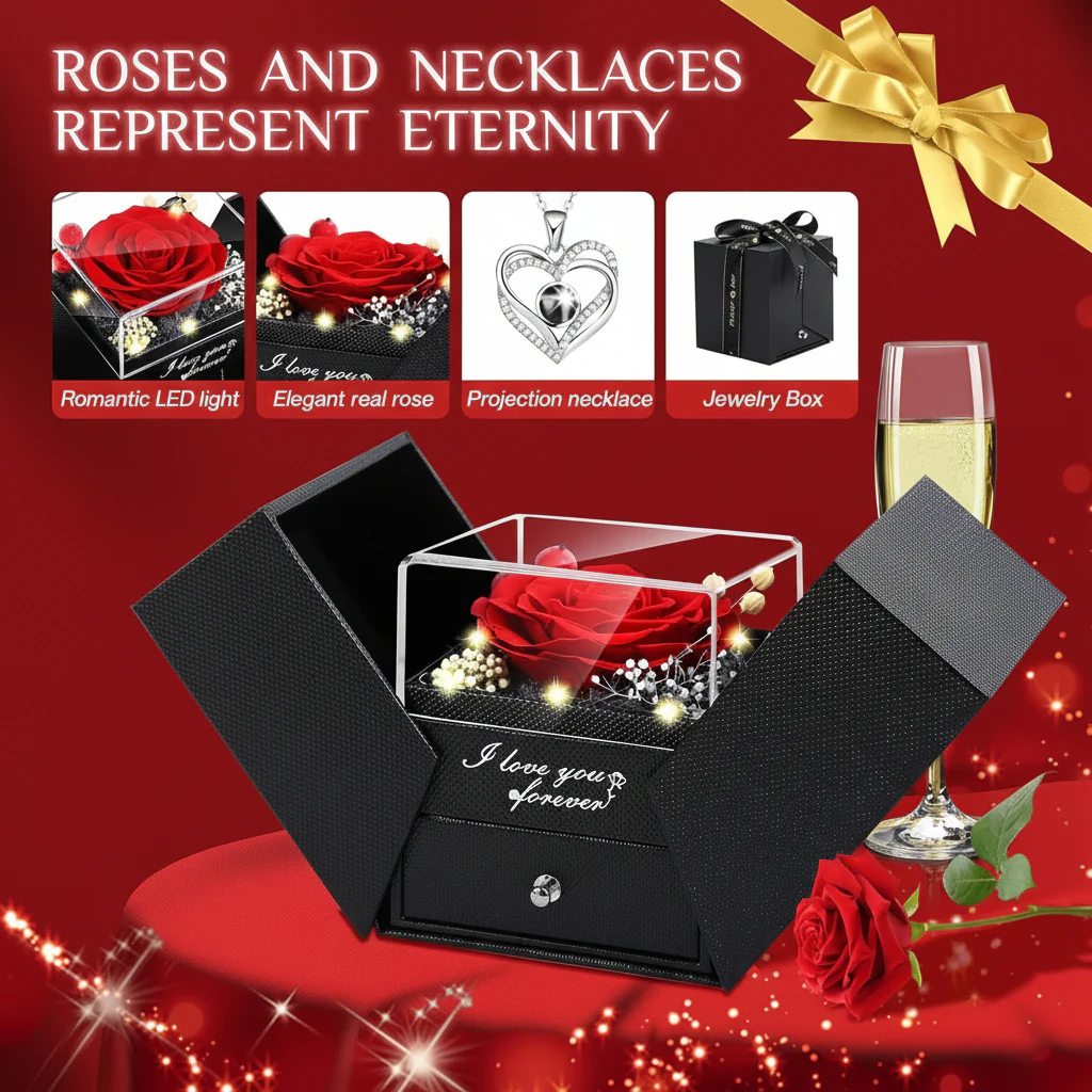 Rose Gift Box Preserved Eternal Flower LED Light Love Necklace