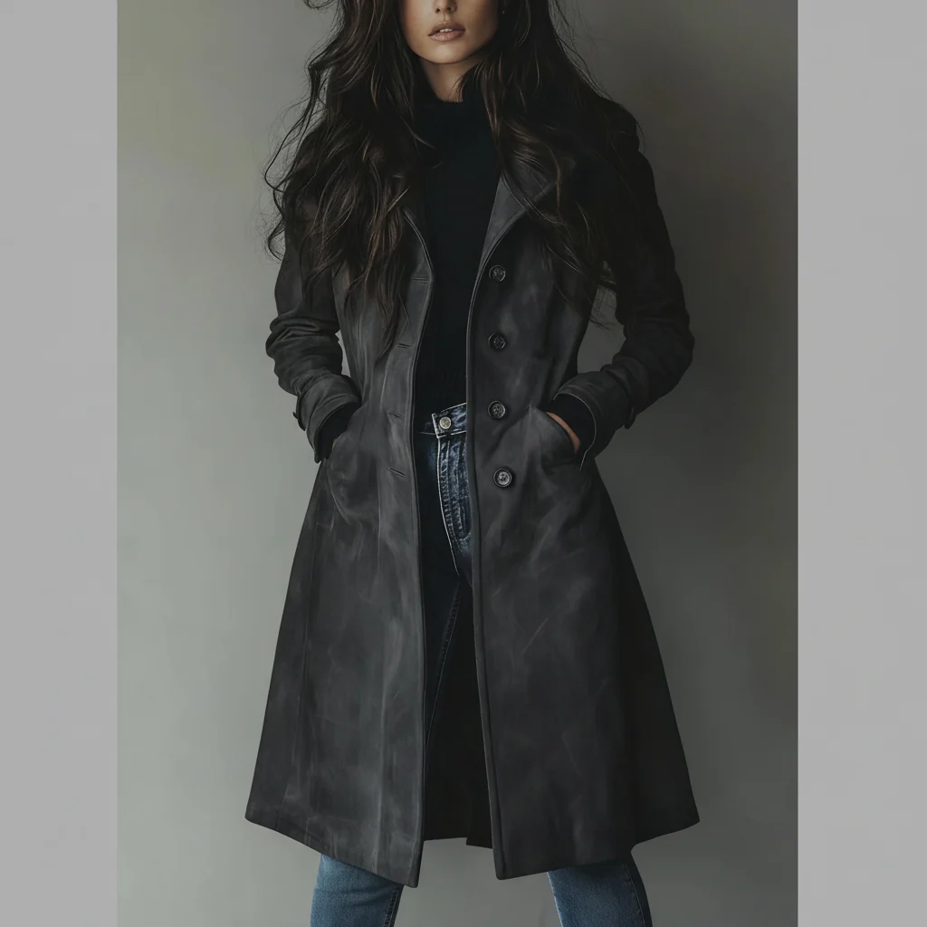 Women Trench Coat Suede Long Button Front Fall Outerwear