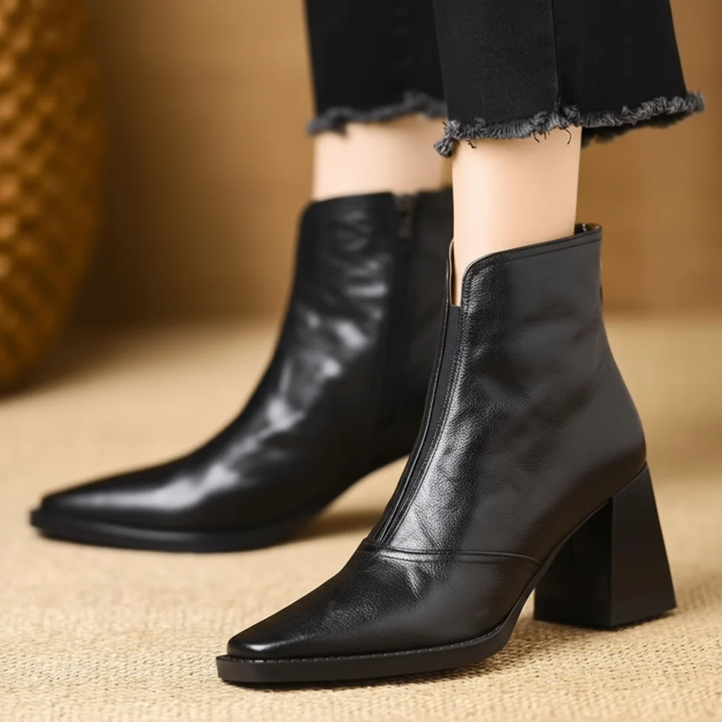 Ankle Boots Women Mid Heel Zipper Casual Dress Shoes
