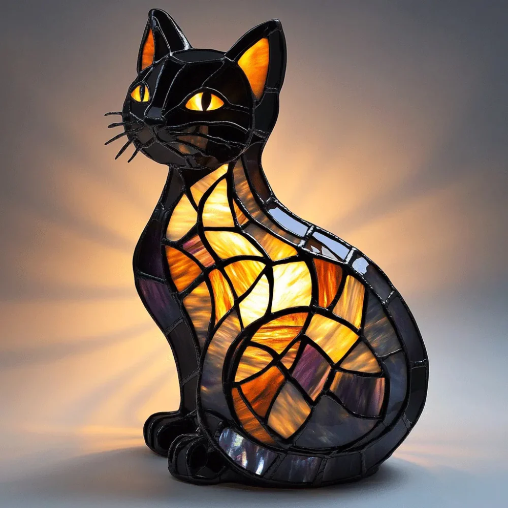 Table Lamp Cat Stained Glass Style Night Light