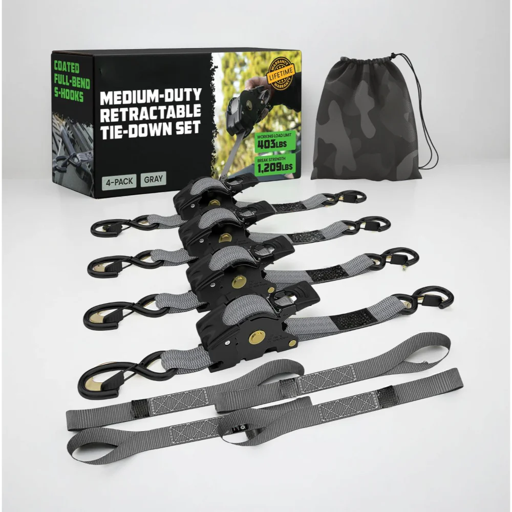 Ratchet Straps Cargo Retractable Tie Down Heavy Duty Hook Set