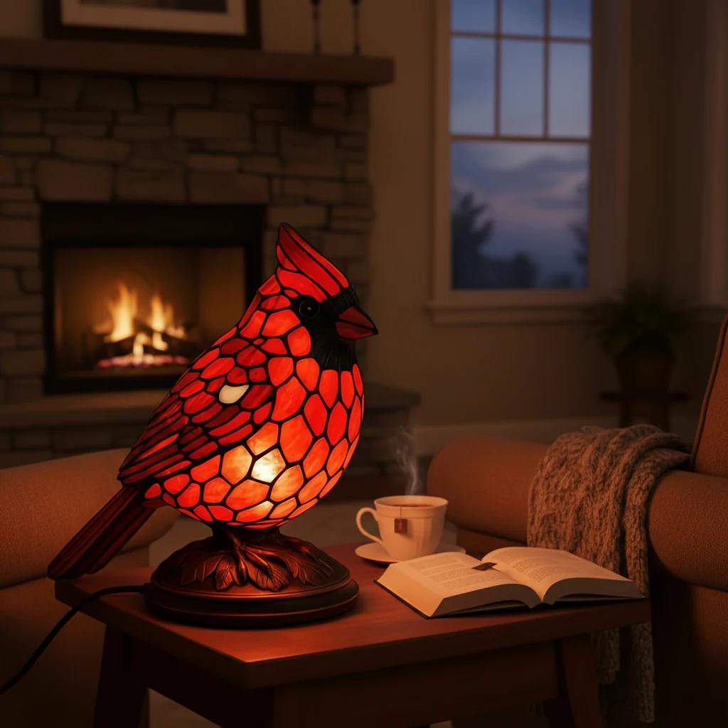 Table Lamp Red Cardinal Bird USB Powered Art Glass Lighting