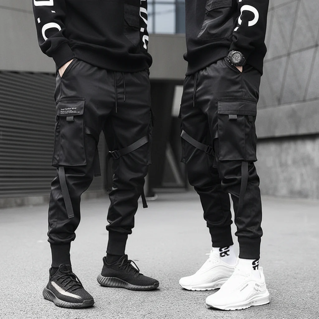 Mens Cargo Pants Black Adjustable Straps Durable Urban Trousers