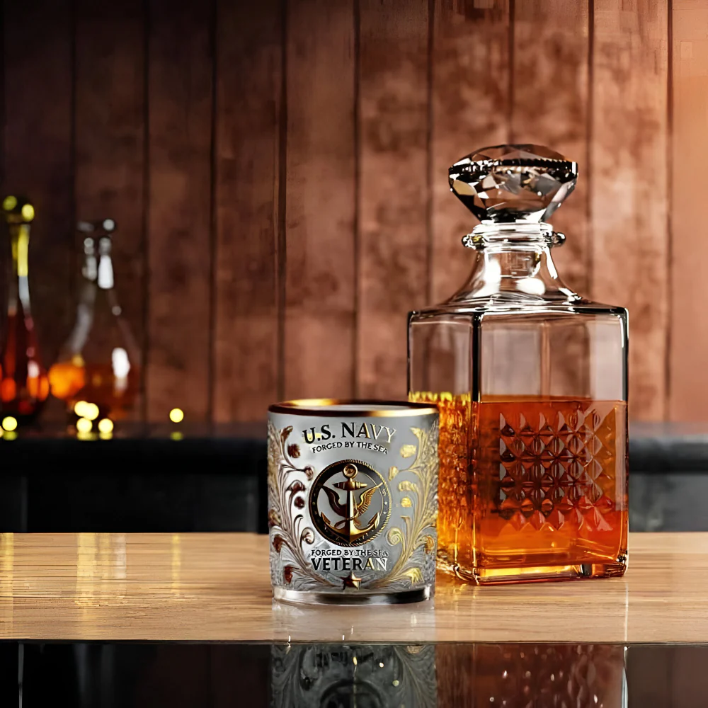 Whiskey Glass Military Veteran Gold Embossed Display Drinkware