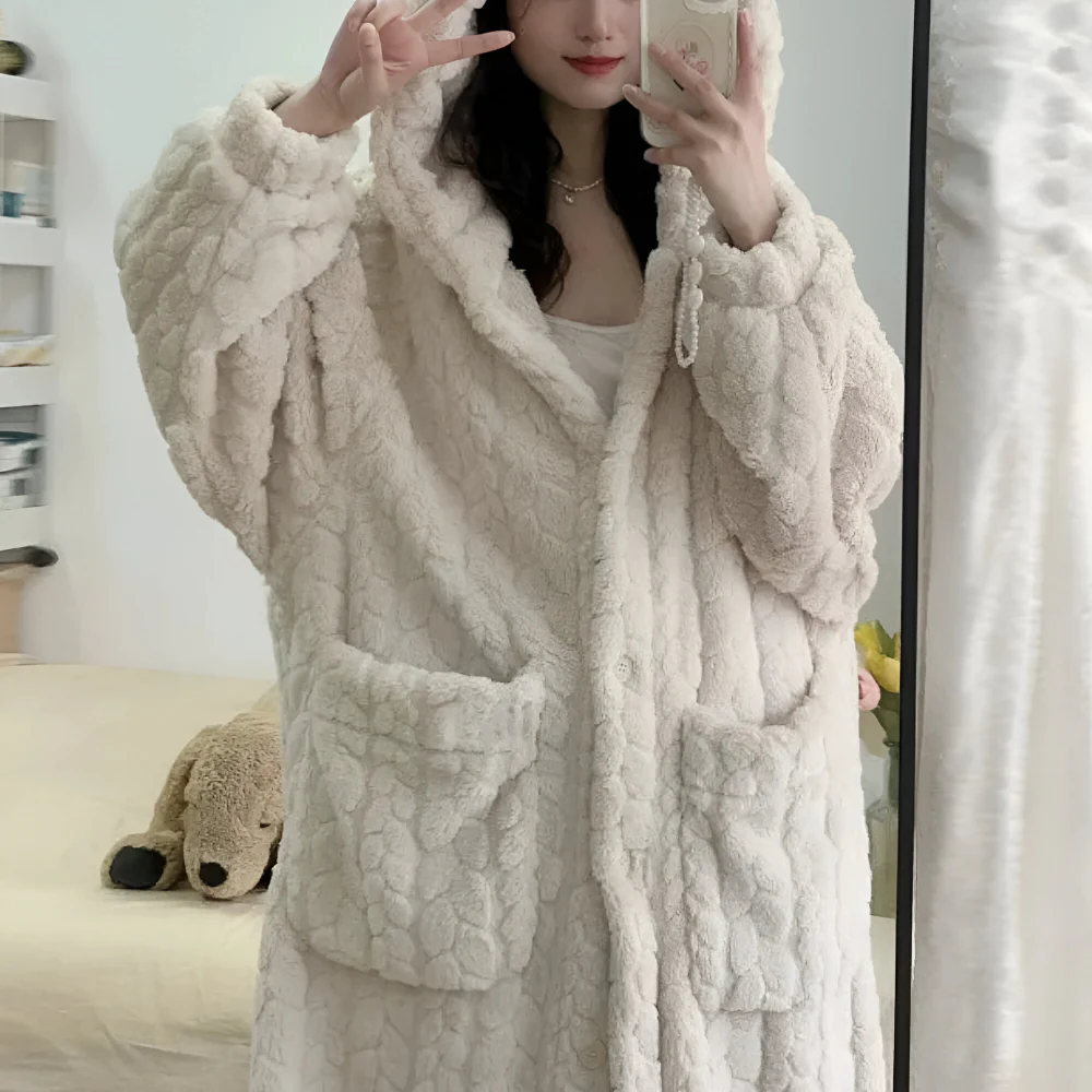 Womens Bathrobe Hooded Long Sleeve Lounge Robe Winter Style