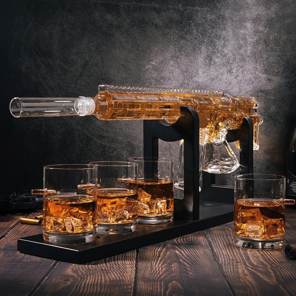 Whiskey Decanter Set Rifle Shaped Glass Bottle Stand