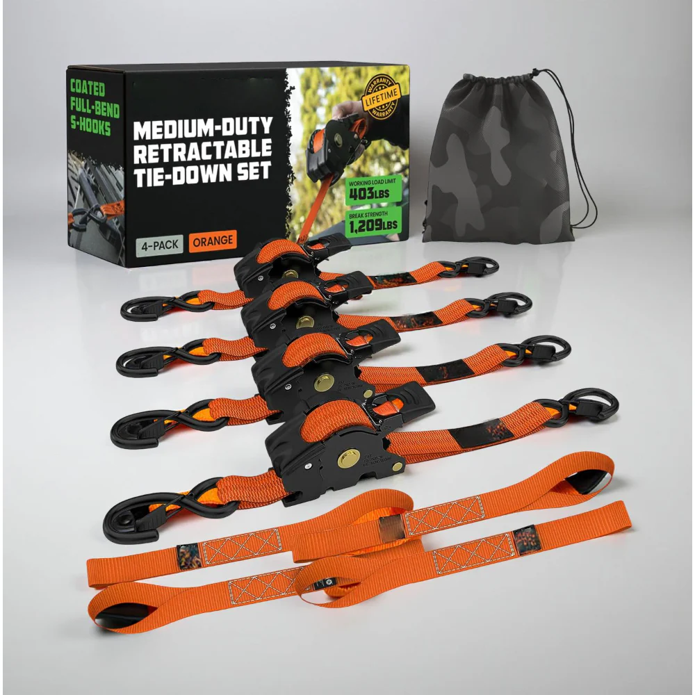 Ratchet Straps Cargo Retractable Tie Down Heavy Duty Hook Set