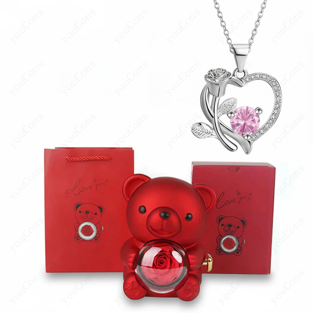 Necklace Heart Pendant Zircon Bear Rose Gift Box Women