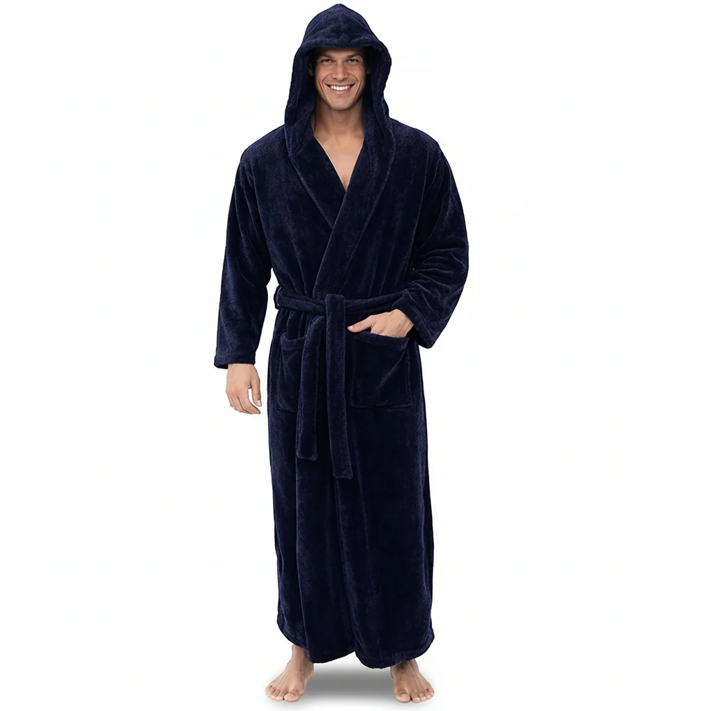 Bathrobe Hooded Mens Plush Long Robe Warm Winter Lounge Wear