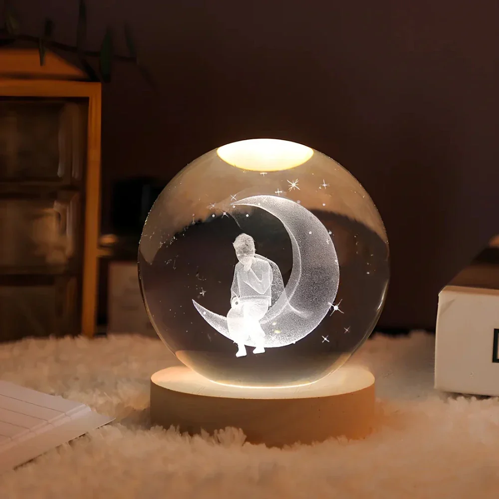 Night Light Crystal Ball 3D Planet Engraved LED Table Lamp