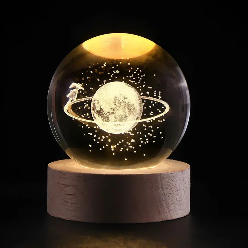 Night Light Crystal Ball 3D Planet Engraved LED Table Lamp