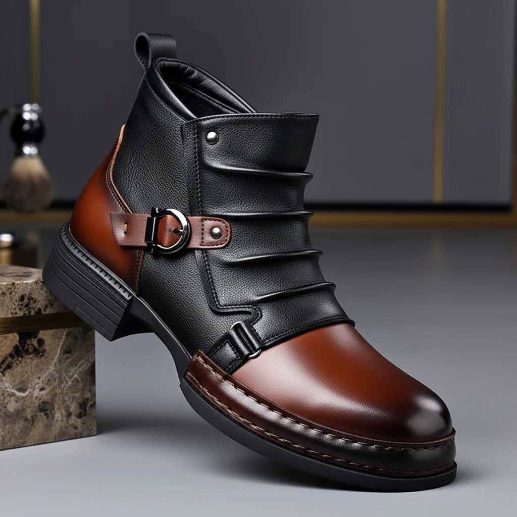 Men Ankle Boots Leather Buckle Side Zip Casual Dress Shoes