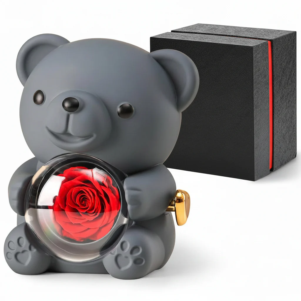 Gift Box Teddy Bear Preserved Rose Jewelry Display