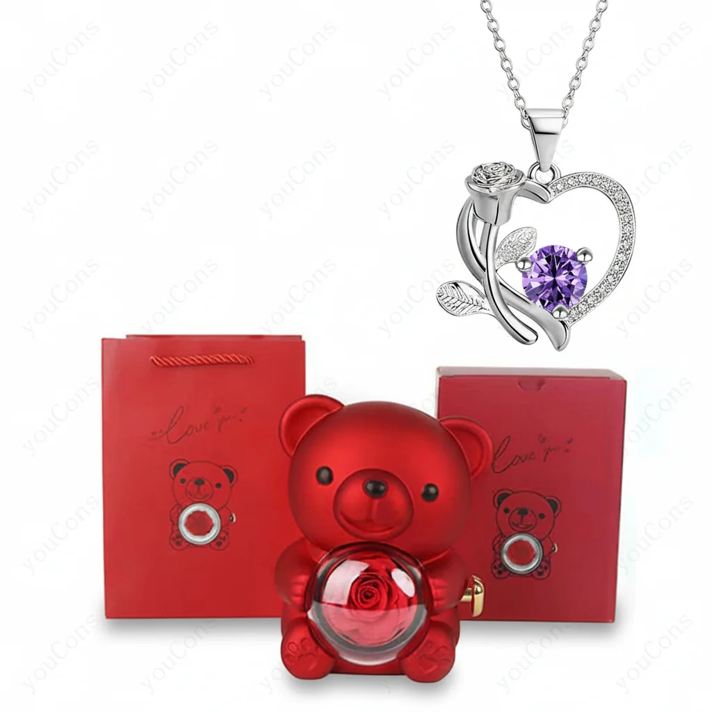 Necklace Heart Pendant Zircon Bear Rose Gift Box Women