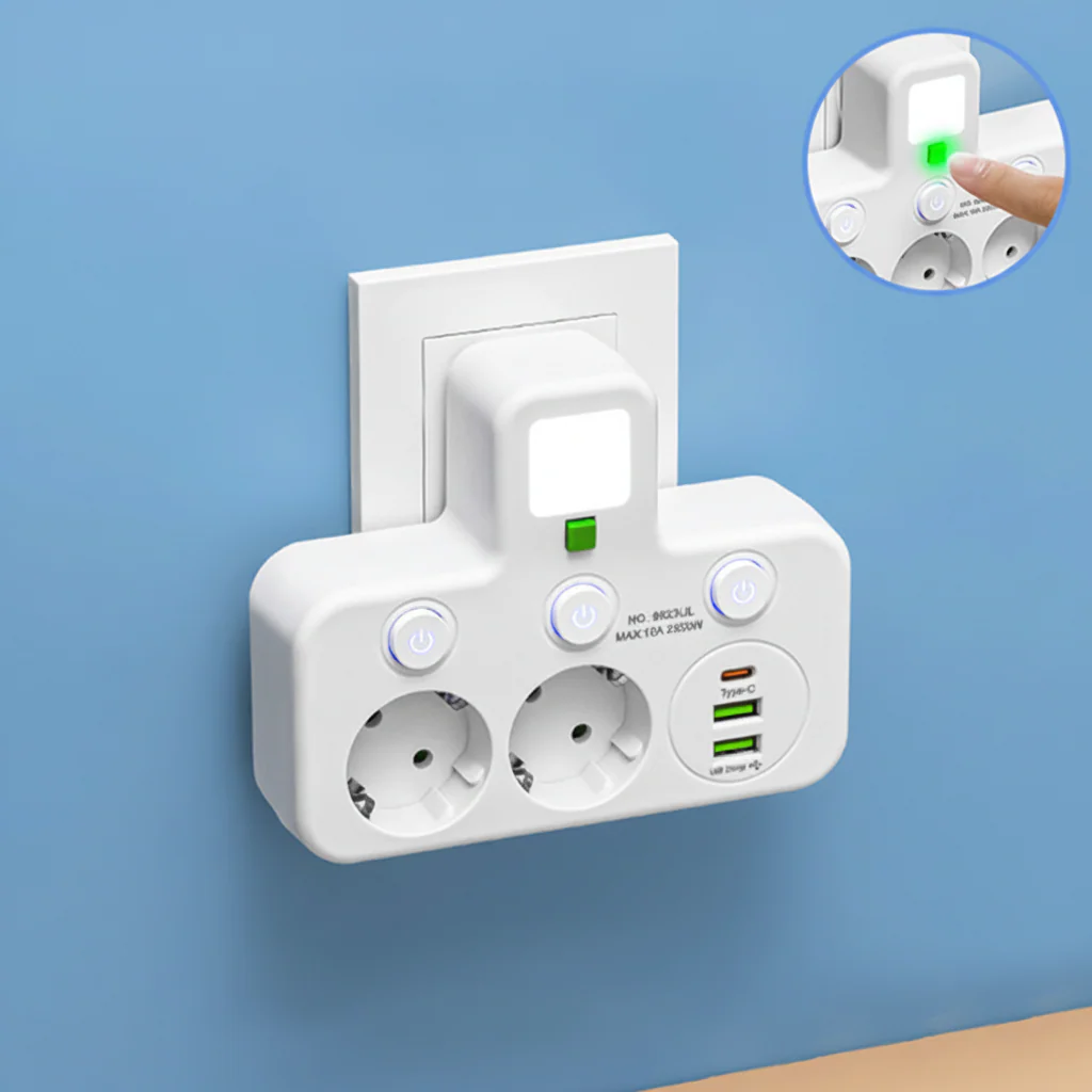 Power Strip USB Wall Plug Night Light Individual Switches