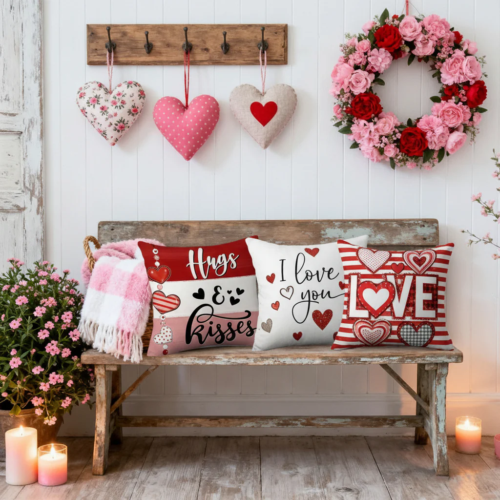 Throw Pillow Covers Valentine Heart Print Polyester Cushion Set