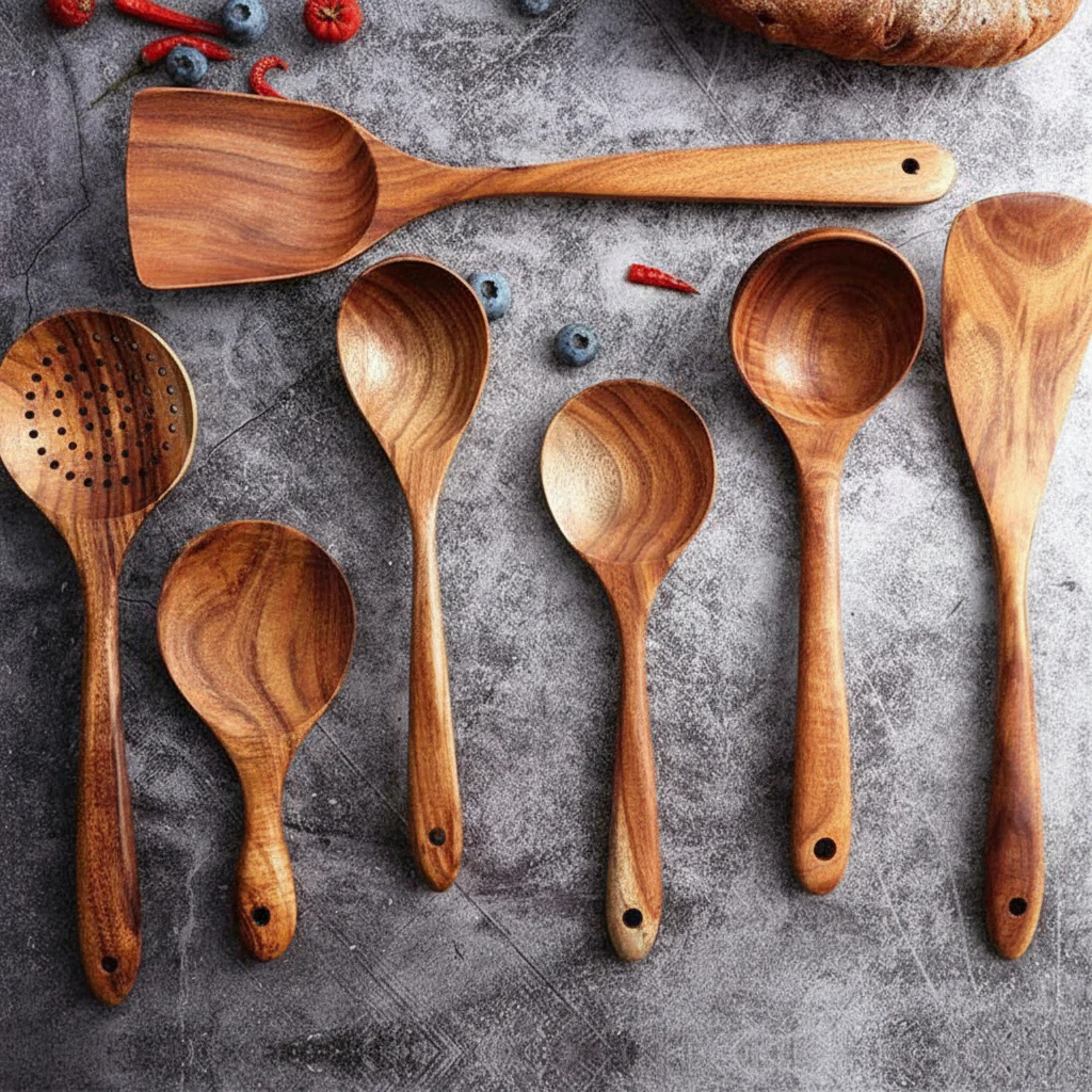 Cooking Utensils Wooden Set Handmade Non Scratch Kitchen Tools