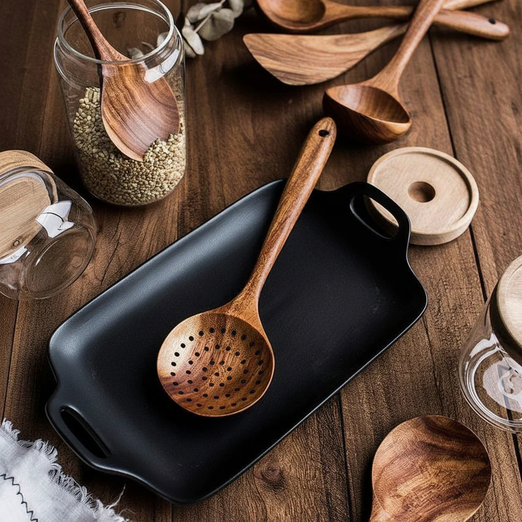 Cooking Utensils Wooden Set Handmade Non Scratch Kitchen Tools