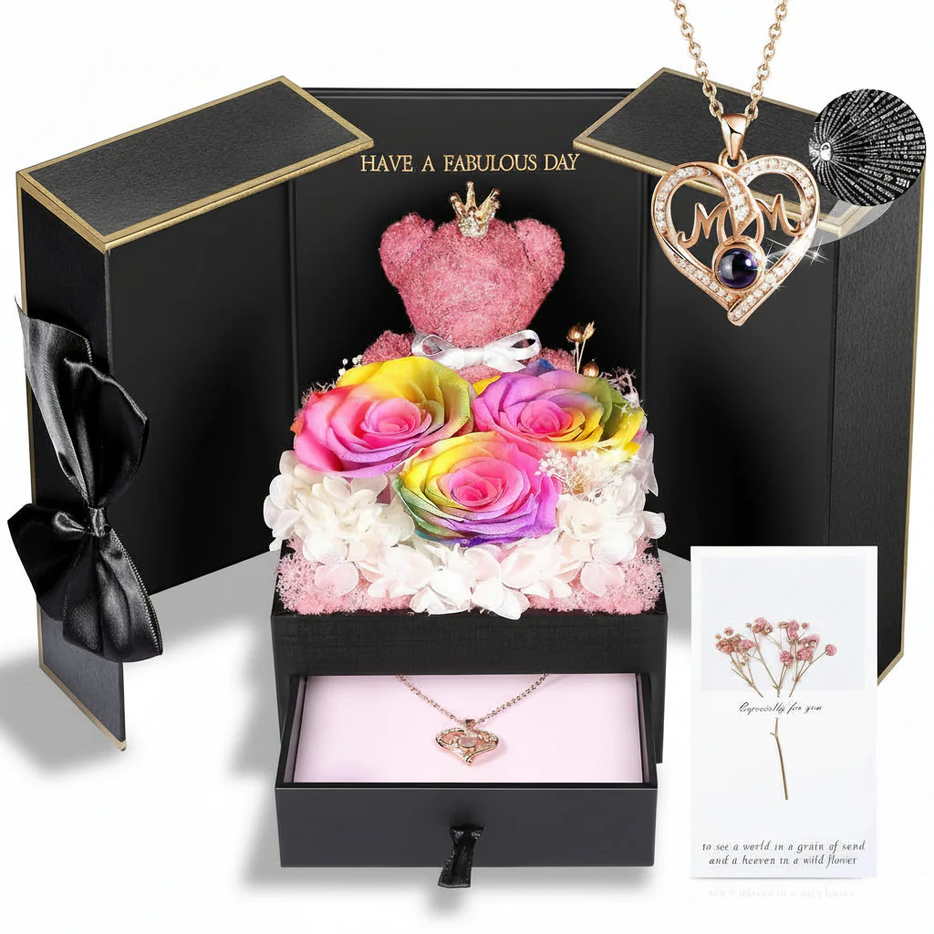 Gift Box Rose Preserved Heart Bear and Hidden Necklace