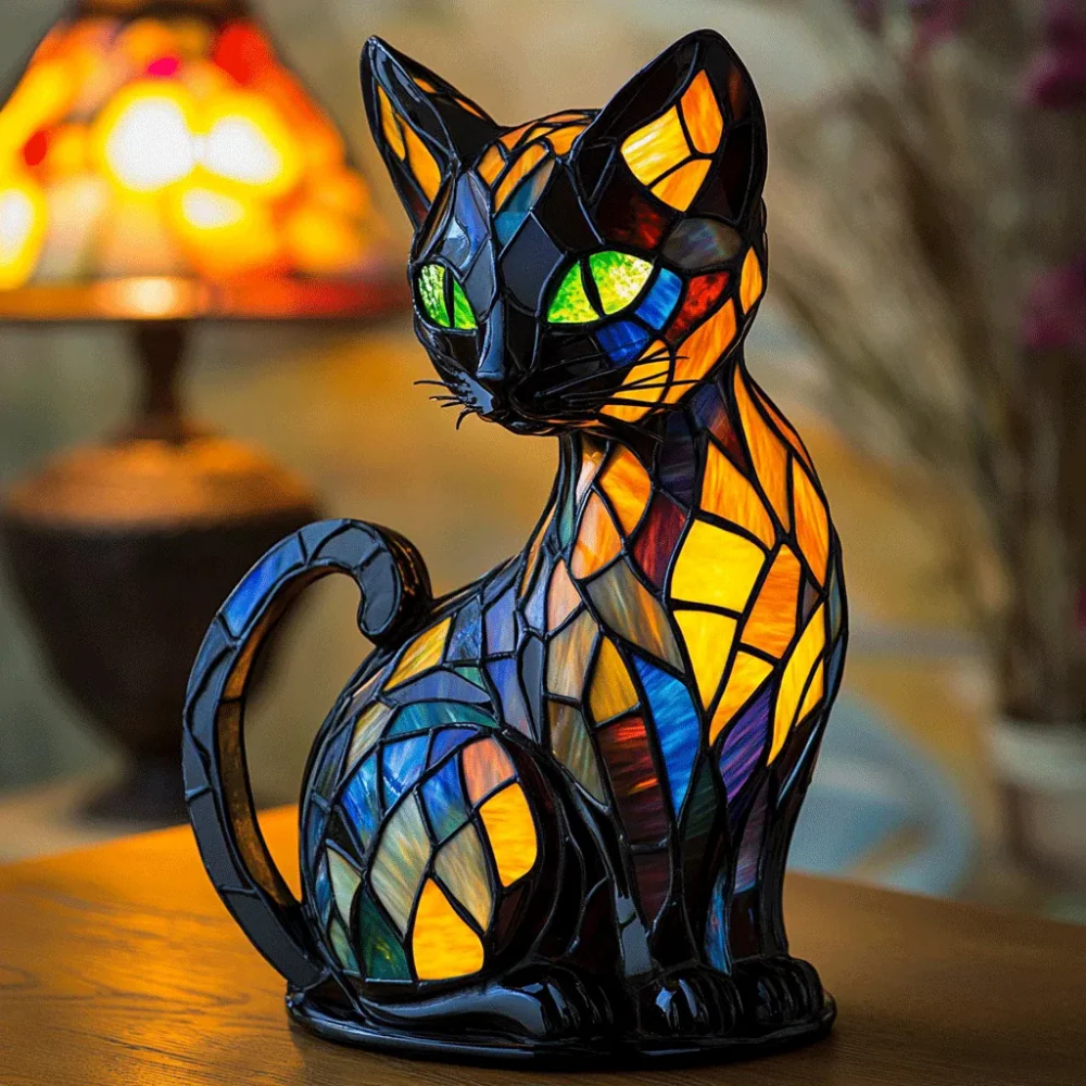 Table Lamp Cat Stained Glass Style Night Light