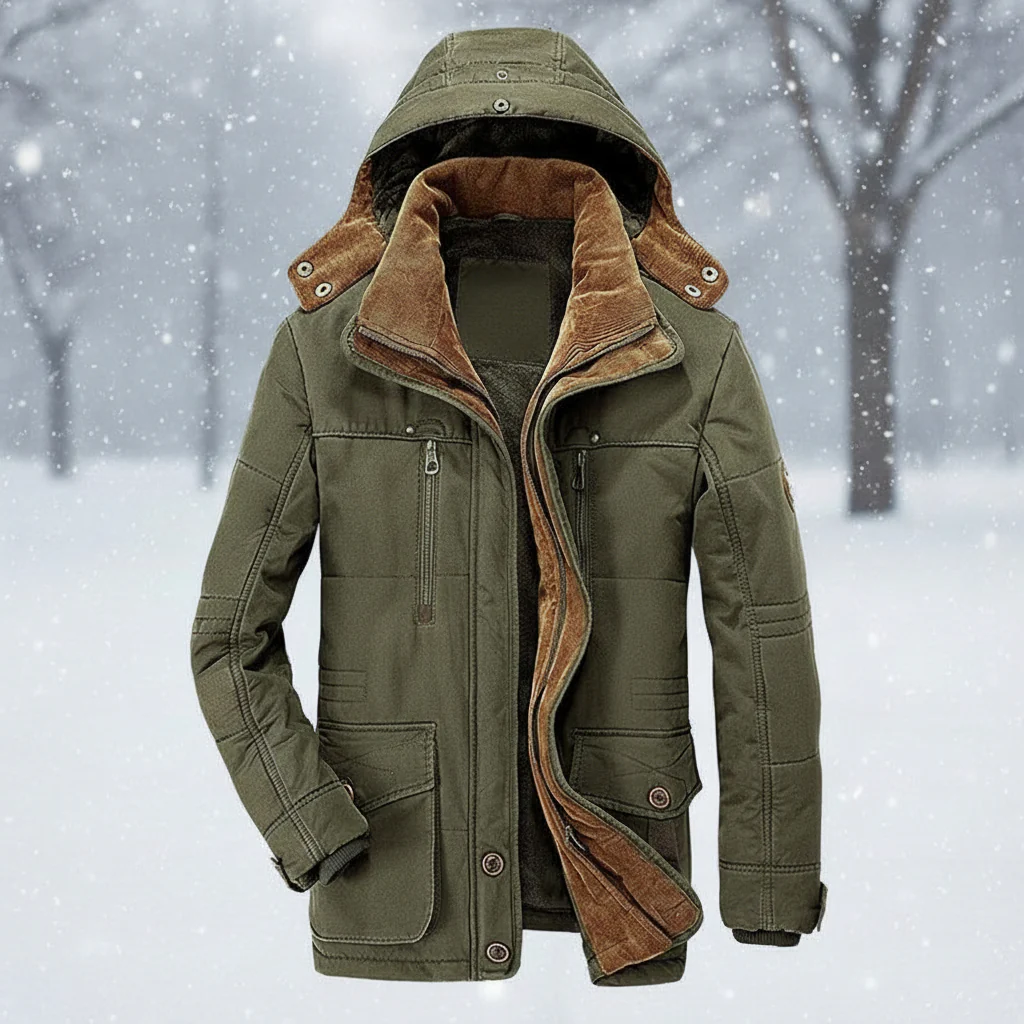 Men Winter Jacket Hooded Lined Parka Coat Windproof Insulated