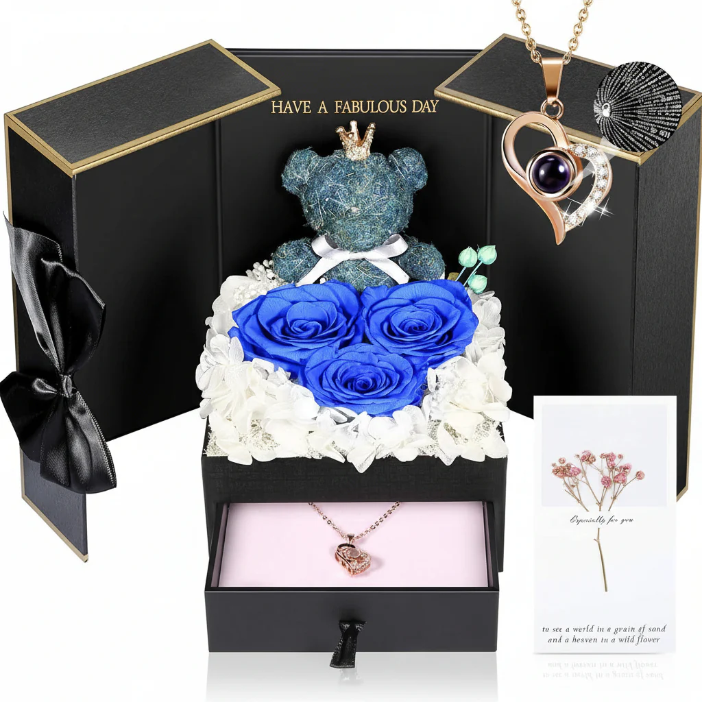 Gift Box Rose Preserved Heart Bear and Hidden Necklace