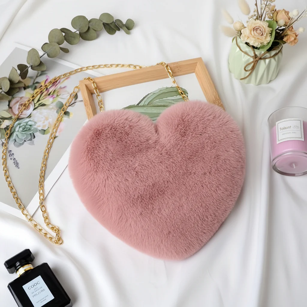 Shoulder Bag Faux Fur Heart Crossbody Chain Purse