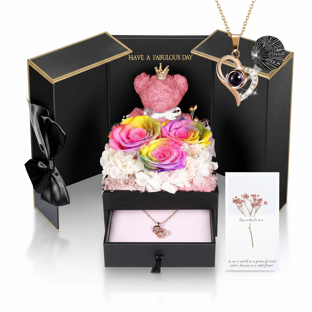 Gift Box Rose Preserved Heart Bear and Hidden Necklace
