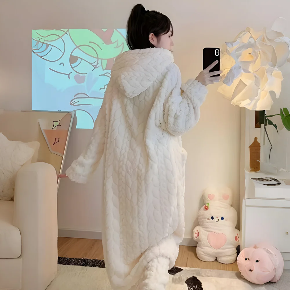 Womens Bathrobe Hooded Long Sleeve Lounge Robe Winter Style