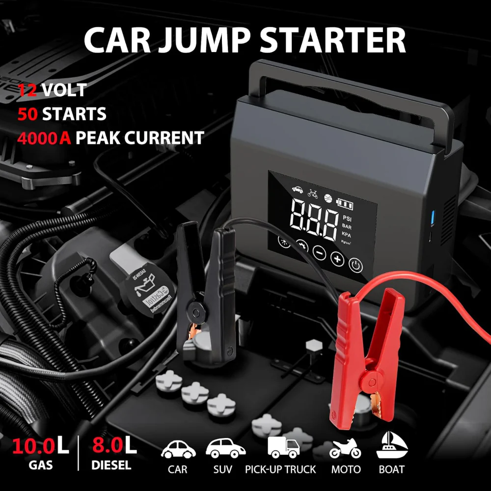 Car Jump Starter Portable Air Compressor Power Pack Tire Inflator Set