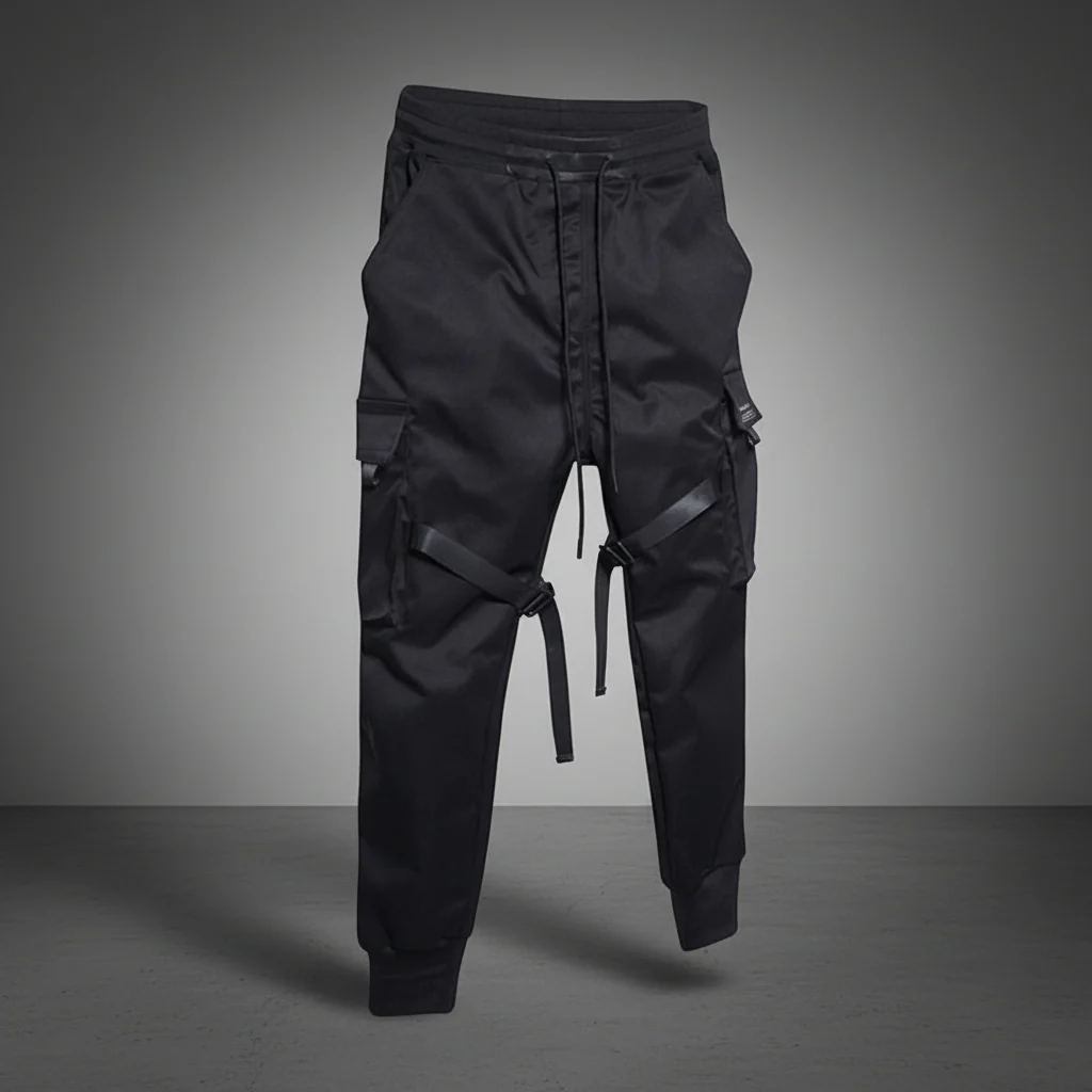 Mens Cargo Pants Black Adjustable Straps Durable Urban Trousers