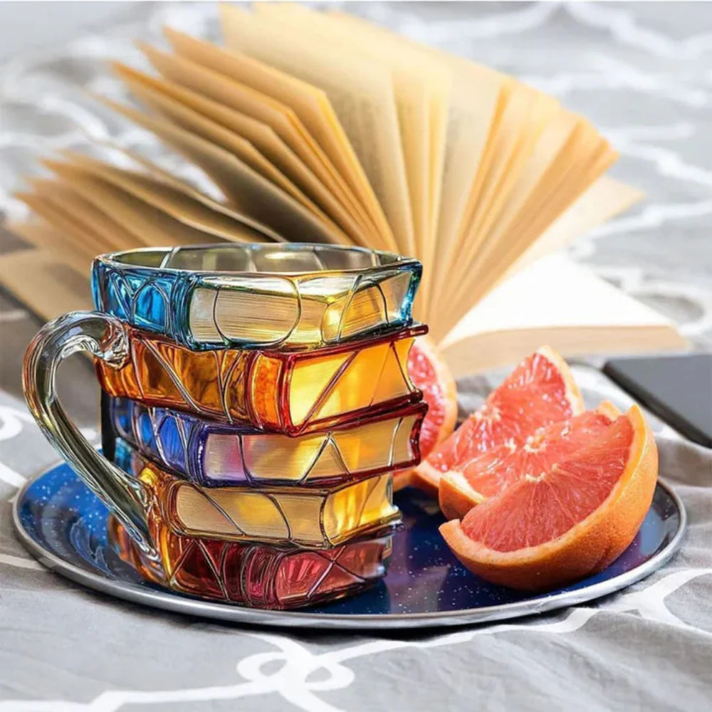 Coffee Mug Glass Book Design 3D Style Literary Gift Cup