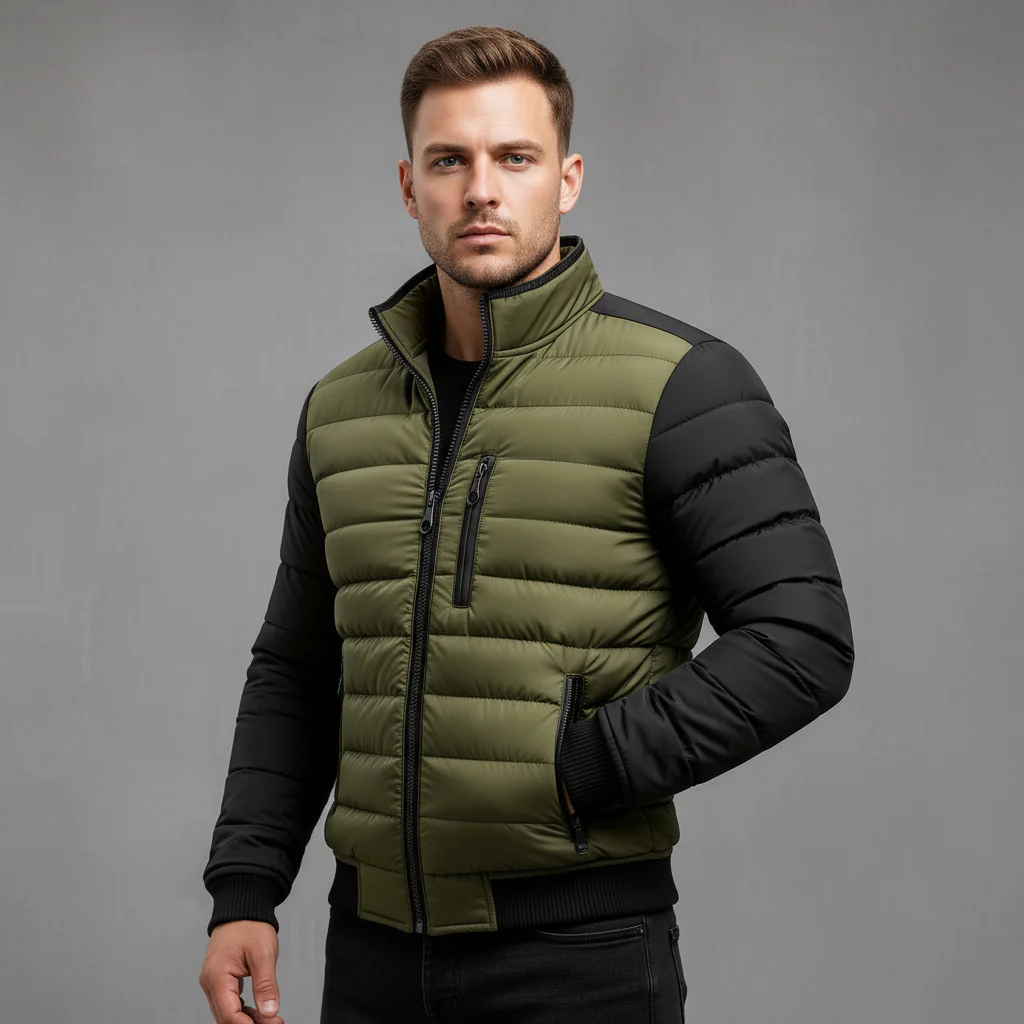 Winter Jacket Puffer Quilted Zip Front Contrast Sleeve Coat