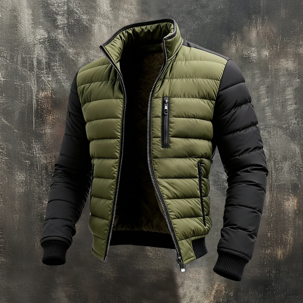 Winter Jacket Puffer Quilted Zip Front Contrast Sleeve Coat