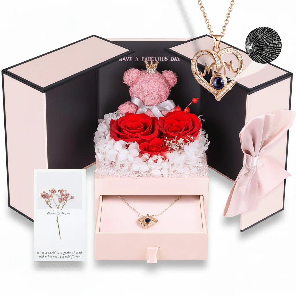 Gift Box Rose Preserved Heart Bear and Hidden Necklace
