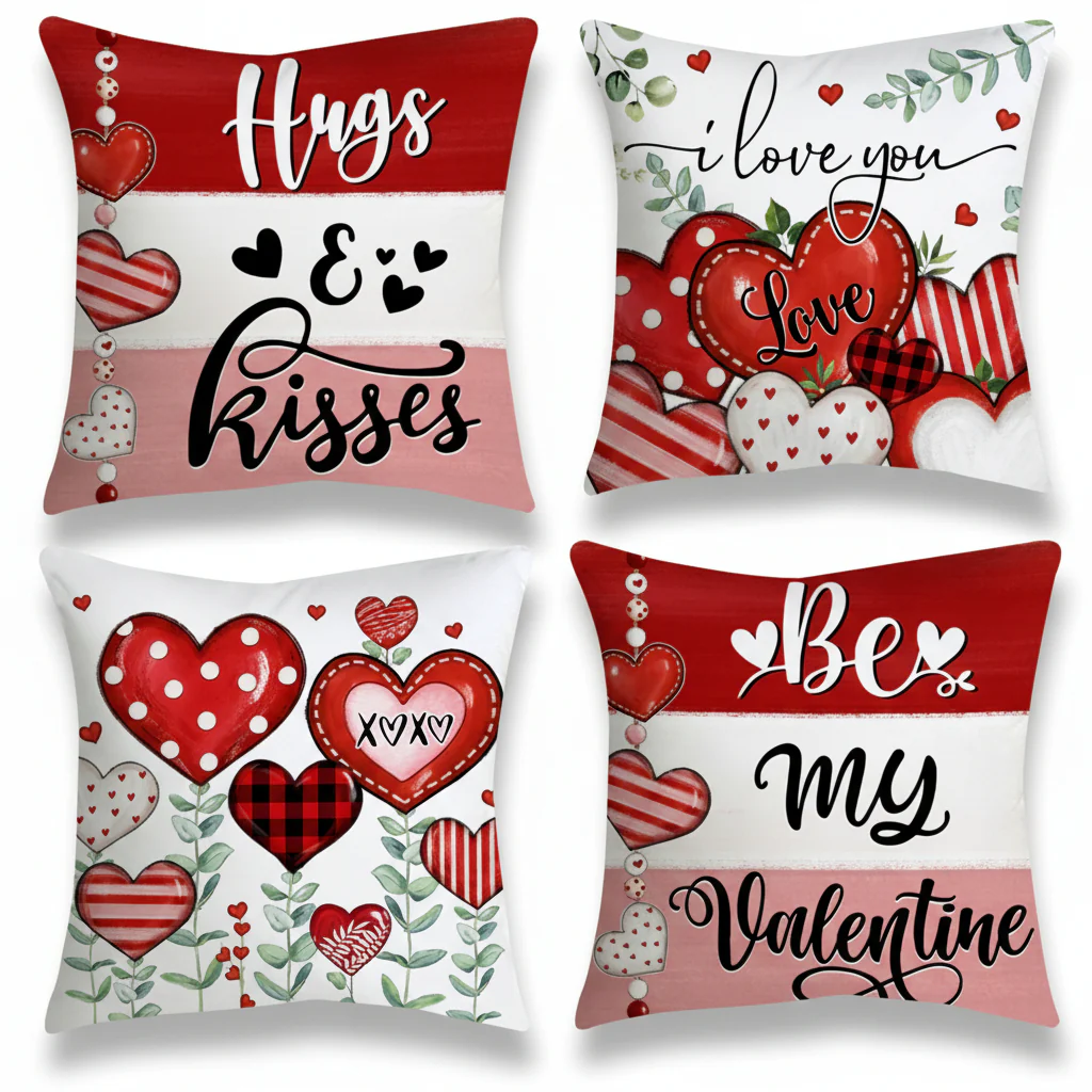 Throw Pillow Covers Valentine Heart Print Polyester Cushion Set