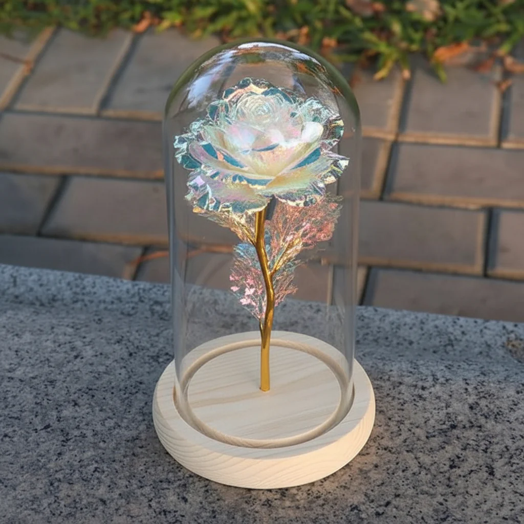 Table Lamp Glass Dome Rose Led Lights Wooden Base