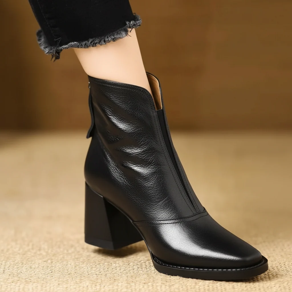 Ankle Boots Women Mid Heel Zipper Casual Dress Shoes