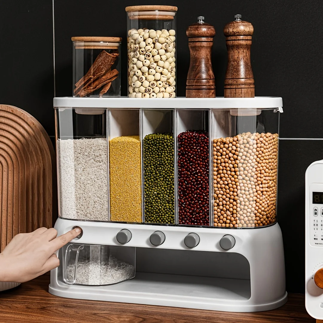 Multi-Compartment Kitchen Grain Storage Container | Airtight Pantry Organiser with Flip-Top Lid