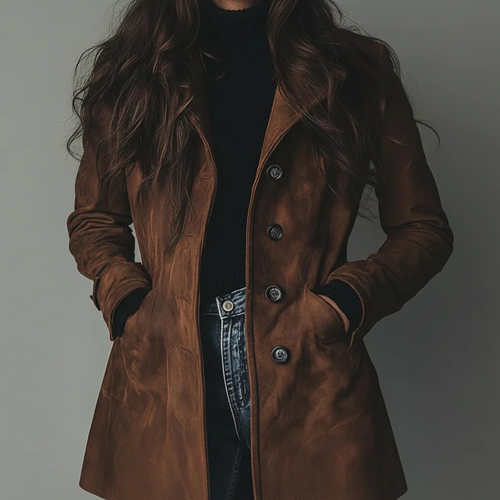 Women Trench Coat Suede Long Button Front Fall Outerwear