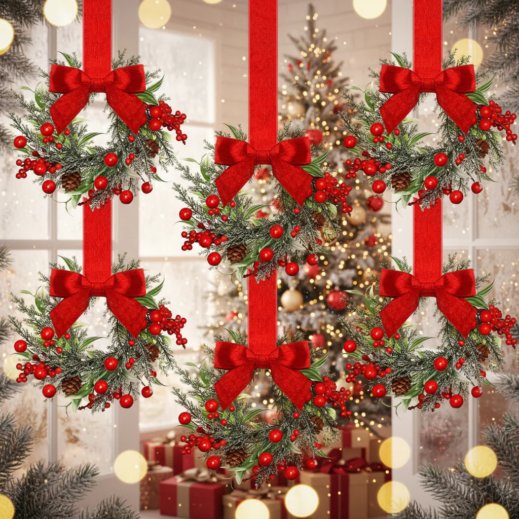 Christmas Wreath Hanging Red Bow Pinecone Holiday Decor