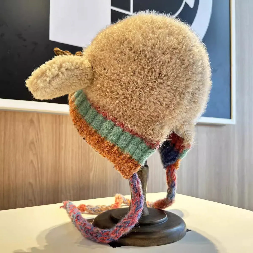 Women Knit Reindeer Animal Ear Flap Winter Hat Beanie
