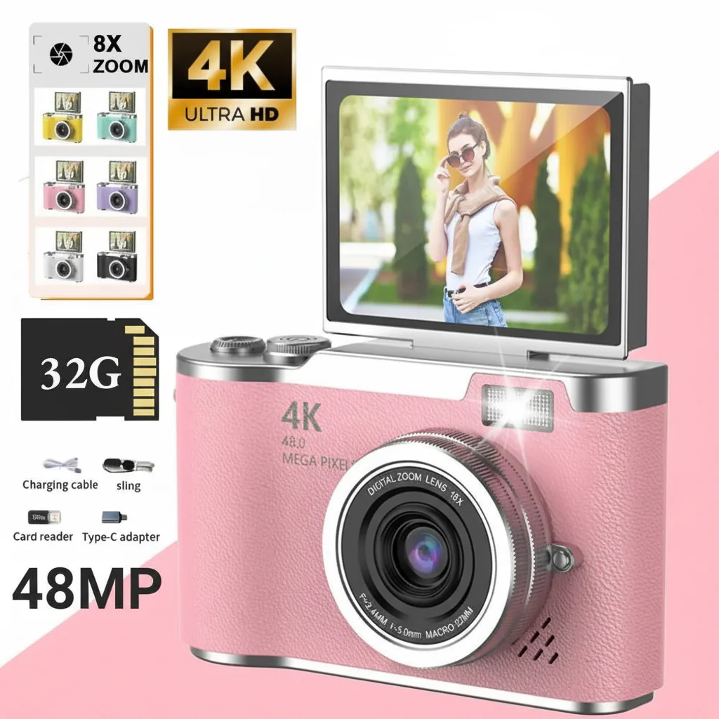 Digital Camera 4K Flip Screen 48MP 8X Zoom Compact Photo Video