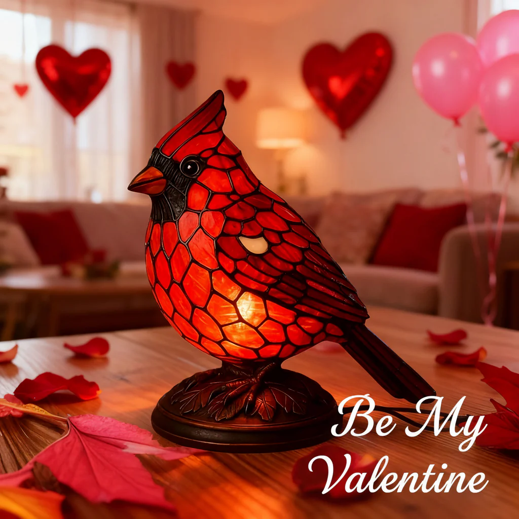 Table Lamp Red Cardinal Bird USB Powered Art Glass Lighting
