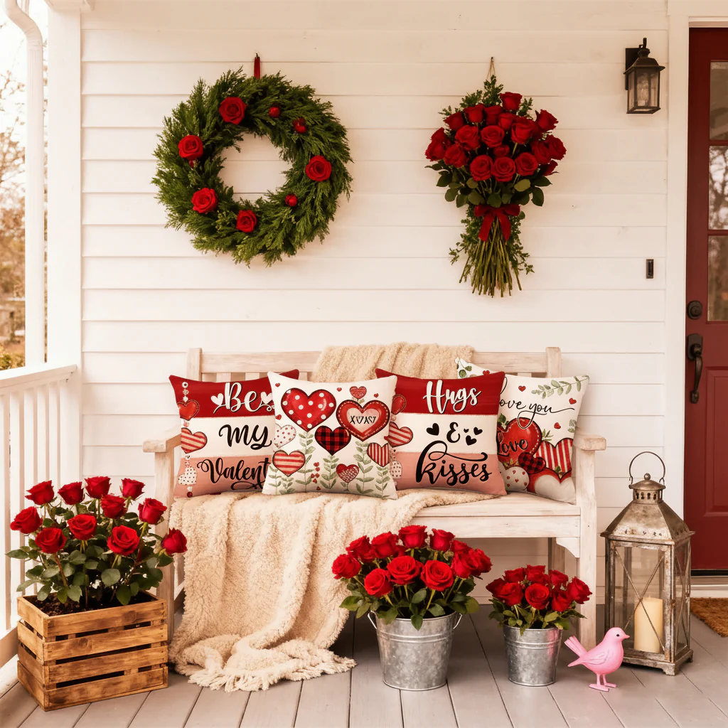 Throw Pillow Covers Valentine Heart Print Polyester Cushion Set