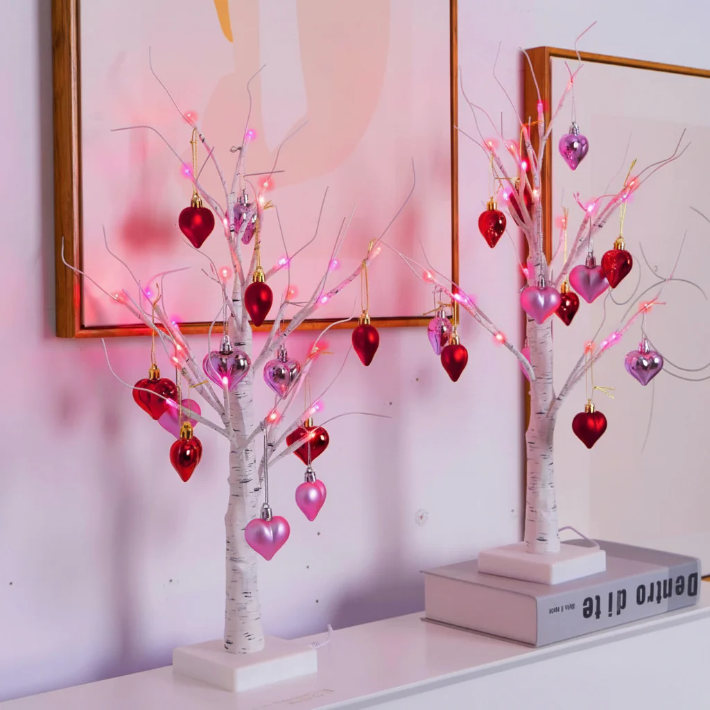 Table Lamp LED Birch Tree Heart Light Valentines Home Decor
