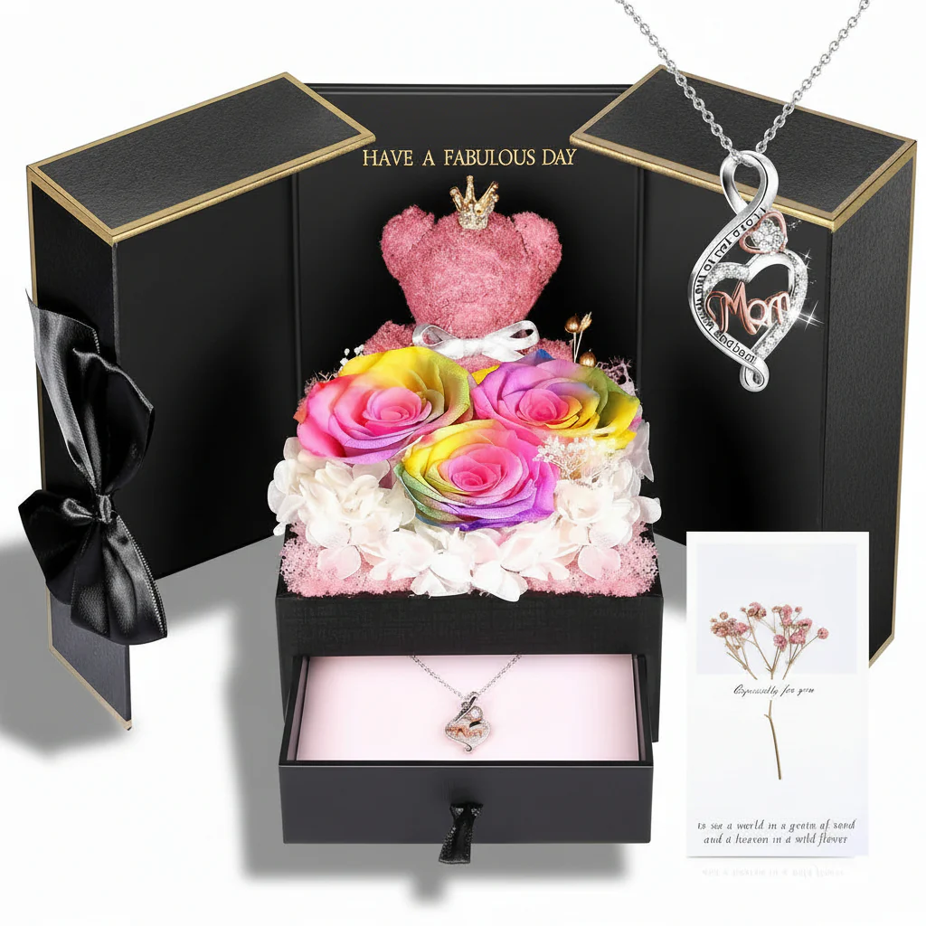 Gift Box Rose Preserved Heart Bear and Hidden Necklace